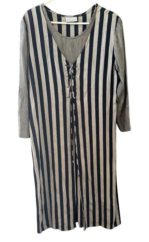 Breakin Loose Vintage‎ XL Striped Lace Up Front Midi Dress Navy Grey Long Sleeve thumbnail 1
