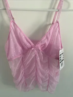 Carrie Amber Sheer Swiss Dot Ruched Bubblegum Pink Cami Shorts Set Size Large thumbnail 1