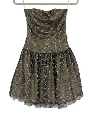 Jessica McClintock Gold Strapless Fit Flare Dress Floral Overlay Party‎ 2 Retro thumbnail 1