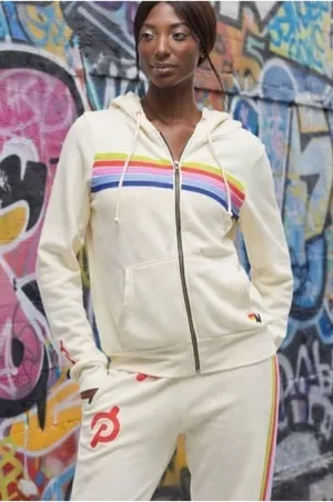 Aviator Nation x Peloton 5 Stripe Zip Hoodie Womens XXL Cream thumbnail 1