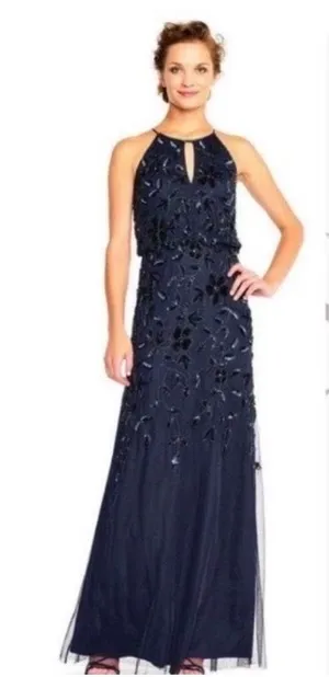 Adrianna Papell Halter Floral Sequin Maxi Prom Gown Blue NEW thumbnail 1