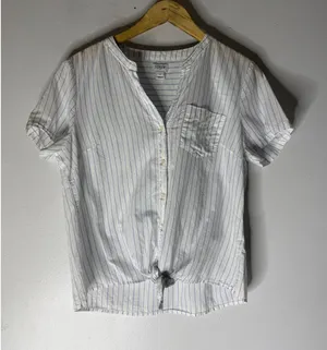 J crew factory Blue White Striped Tie Front Short Sleeve Button Down Shirt M thumbnail 1