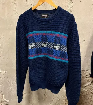 Reed St. James Blue Moose Print Nordic Wool Knit Sweater USA Made Large L 90s thumbnail 1