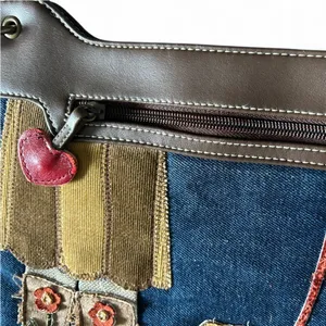 Brown leather jeans base shoulder bag Applique Embroidered Dog Purse Hand Bag. thumbnail 8