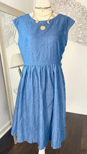 Mod Ref Casual Denim Cotton Blue Mini Midi dress A-line Size S thumbnail 1