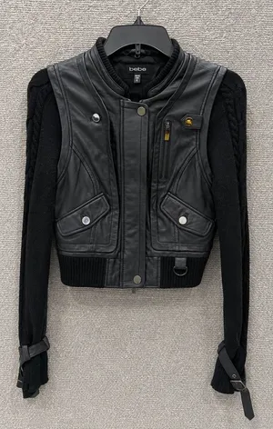 Vintage Bebe Women Jacket XS Black Leather Moto Fabric Sleeves Y2K thumbnail 1