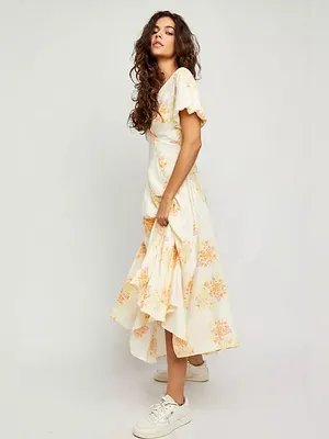 Free People Laura Yellow Floral Print Midi Dress Women's Small Boho Romantic thumbnail 2