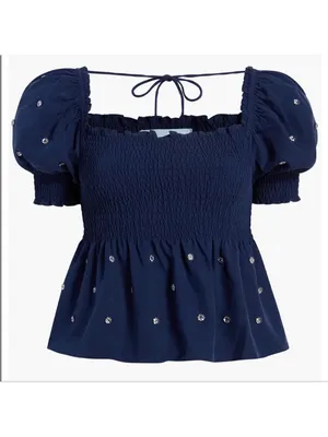 Hill House Home Jewel Jammy Top Navy Blue Smocked Peplum Puff Sleeve Size M thumbnail 13