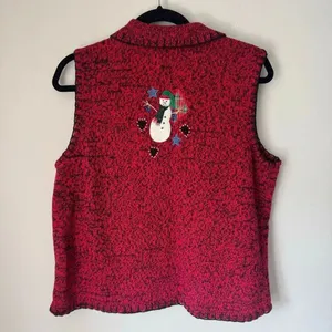 Vintage Red Christmas Sweater Vest Snowmen Reindeer Plaid Knit Size M Festive thumbnail 2