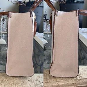 Tory Burch Blake Jumbo Tote‎ Bag Canvas Leather Trim Neutral Cream Brown Cuoio thumbnail 6