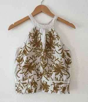 Anthropologie Vanessa Virginia Top Halter White Linen Embroidered In Gold small thumbnail 2