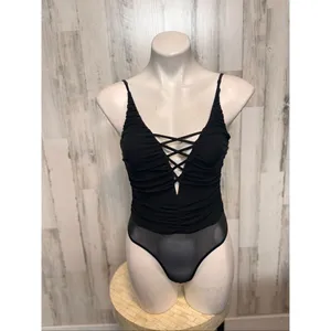 Windsor Black Lace Up Bodysuit Women’s M – Sheer Mesh Back, Ruched Front, Sexy N thumbnail 5