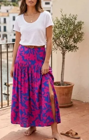 Abel the Label Floral Pink Blue Cassidy Maxi Skirt Side Slits Women’s Medium thumbnail 1