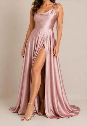 Ladivine Satin Dusty Pink Formal Evening Cocktail High Slit Maxi Gown thumbnail 1