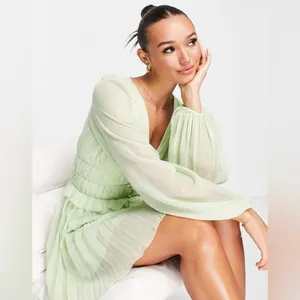 ASOS Sage Green Dobby Pleated Mini Dress Fairycore Forest Pixie Vibe NWT Size 4 thumbnail 4