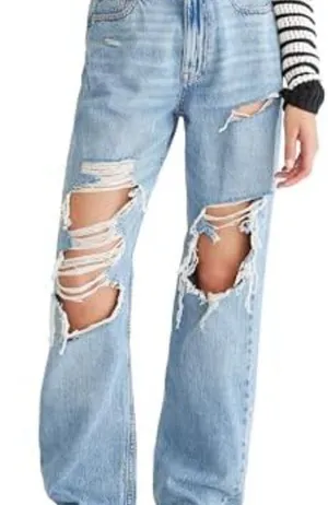 American Eagle Sz 14 Mom Jeans curvy straight leg high-rise fit with distressing thumbnail 1