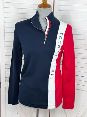 Tommy Hilfiger Quarter Zip Mock Neck Colorblock Logo Sweater Size Small Preppy thumbnail 1