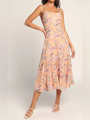 Lulus women’s Started With a Kiss Orange Floral Print Tie-Strap Tiered Dress L thumbnail 6