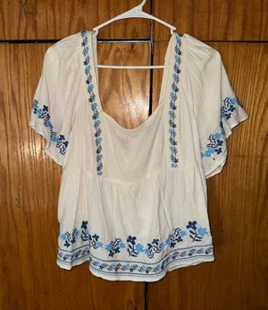 Old Navy White Peasant Top with Blue Floral Embroidery thumbnail 1