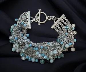 Silver tone multi strand blue dangle bead bracelet thumbnail 1