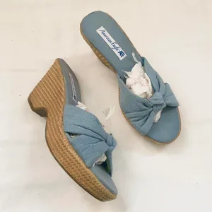 Y2K blue jean denim fabric chunky platform wedge sandals open toe heels brown espadrilles front tie knot - Size 8 #indie #hippie #hobo #boho #festival retro thumbnail 2