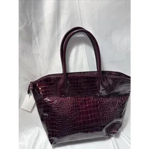 Brentwood Beauties Faux Leather Croc Tote Bag Purse Brown Shiny thumbnail 4