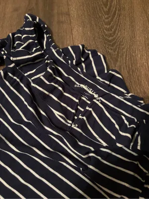 aerie Navy and White Striped Off-Shoulder Long Sleeve Top thumbnail 2
