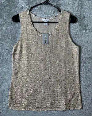 Chico’s Aspen‎ Foiled Gold Sweater Tank Knit Top Shimmer 100% Cotton 1/MD NEW thumbnail 1