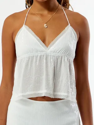 PacSun Your Favorite Remy Sequin Halter Tie Back Tank Top - White thumbnail 1