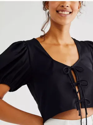 Free People Kitty Tee Black Cropped Puff Sleeve Tiered Tie-Front Closure Size XS thumbnail 15