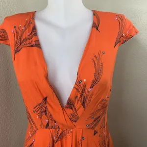 Free People Dress Sz 6 V Neck Orange Red Botanical Long Flutter Cap Sleeve Boho thumbnail 3