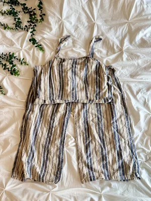 Gypsies & Moondust Linen Blend Striped Jumpsuit Size L – Beige & Blue thumbnail 2