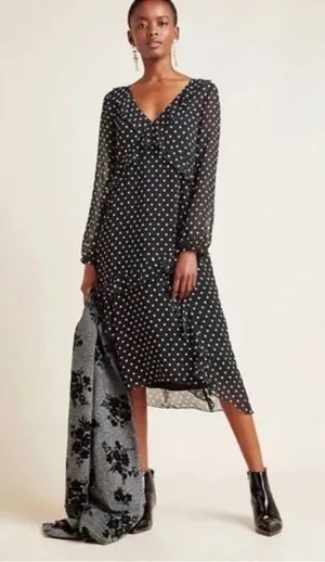 Maeve by Anthropologie Sheer PolkaDot Ruffle Midi Dress Womens Small Black/White thumbnail 1