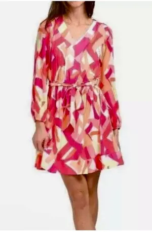 Nicole Miller NY Pleated Mini Dress Size L Multicolor Abstract V-Neck thumbnail 1