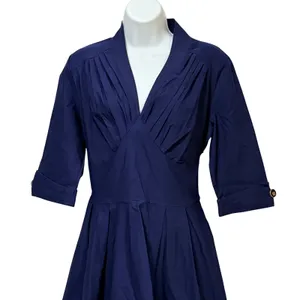 Miusol Womens Navy Blue V-Neck Pleated Fit‎ and Flare Midi Dress Size L NEW thumbnail 4