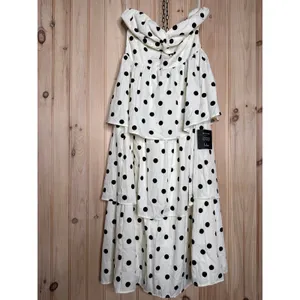 NWT Lulus Modie White Polka Dot Twist-Front Lace-Up Midi Dress Retro Party Sz M thumbnail 2
