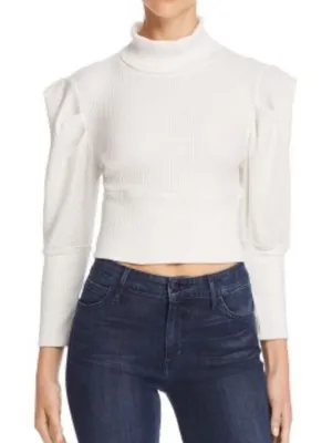 Free People Lala Puff Sleeve Ribbed White Cropped Top Size Large thumbnail 1