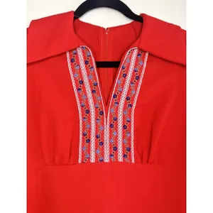 VTG 70s Handmade Red Maxi Dress Boho Embroidered‎ Disco Collar Bell Sleeve Small thumbnail 6