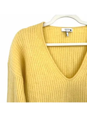 Reiss Yellow Wool Cashmere Blend Ribbed V-Neck Sweater Size Small Quiet Luxury thumbnail 3