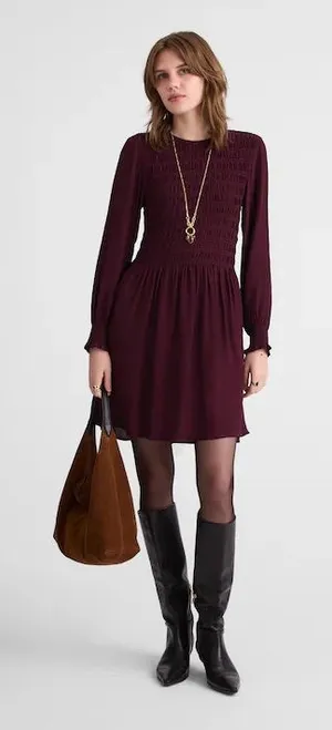 Madewell Long Sleeve Smocked Mini Dress Dark Pomegranate Purple NWT $148‎ Large thumbnail 1
