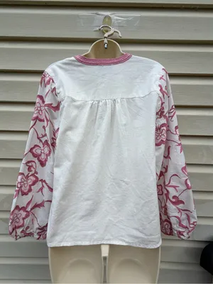 Calypso St. Barth Embroidered Linen Blend Blouse Women Small White Pink thumbnail 3