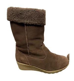 Lands' End Women's 8.5 Brown Suede Faux Fur Cuff Wedge Winter Boots thumbnail 1