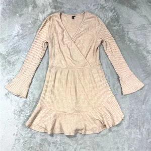 Beige Ribbed Bodycon Dress Medium Boho Western Cowgirl Waist Cinch Minimalist thumbnail 2