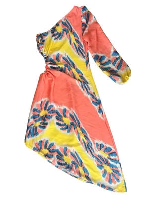 By Anthropologie Women’s One Shoulder Coral Floral Asymmetrical Hem Midi Dress thumbnail 6