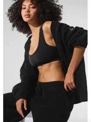 ALO YOGA Domain Rib Knit Full Zip Sweater Top in Black Size Large thumbnail 8
