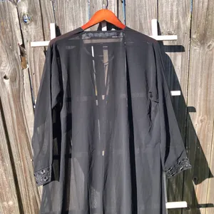 Abaya Black light weight Sheer Open Front Tie Front Size L thumbnail 9