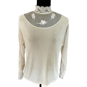 Sheer Lace High Neck Blouse Ivory Embroidered Korea Vintage Style Medium thumbnail 2