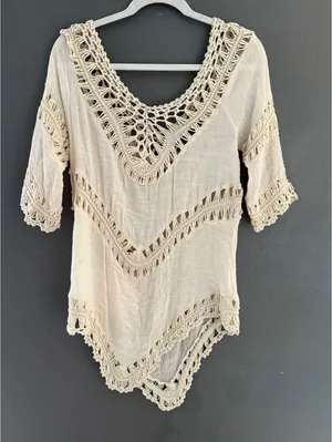 Boho Crochet Macrame Handkerchief Hem Tunic Top Cream‎ V-Neck Festival Gauze L thumbnail 1