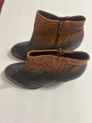 Perforated Two-Tone Leather Ankle Booties - Brown/Amber thumbnail 5
