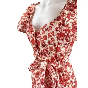 Find Me Now Red Floral Short Puff Sleeve Smocked Tie Waist Crop Jumpsuit Size M thumbnail 2